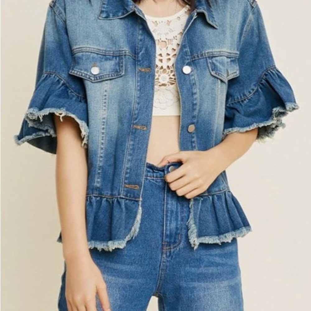 Blue Denim Ruffle Jacket - Picture 4 of 12